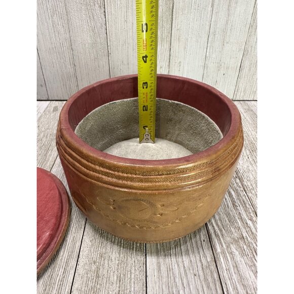 Vintage Leatherbound Decorative Symbols Storage Trinket Box 5" Diameter with Lid - Picture 12 of 12